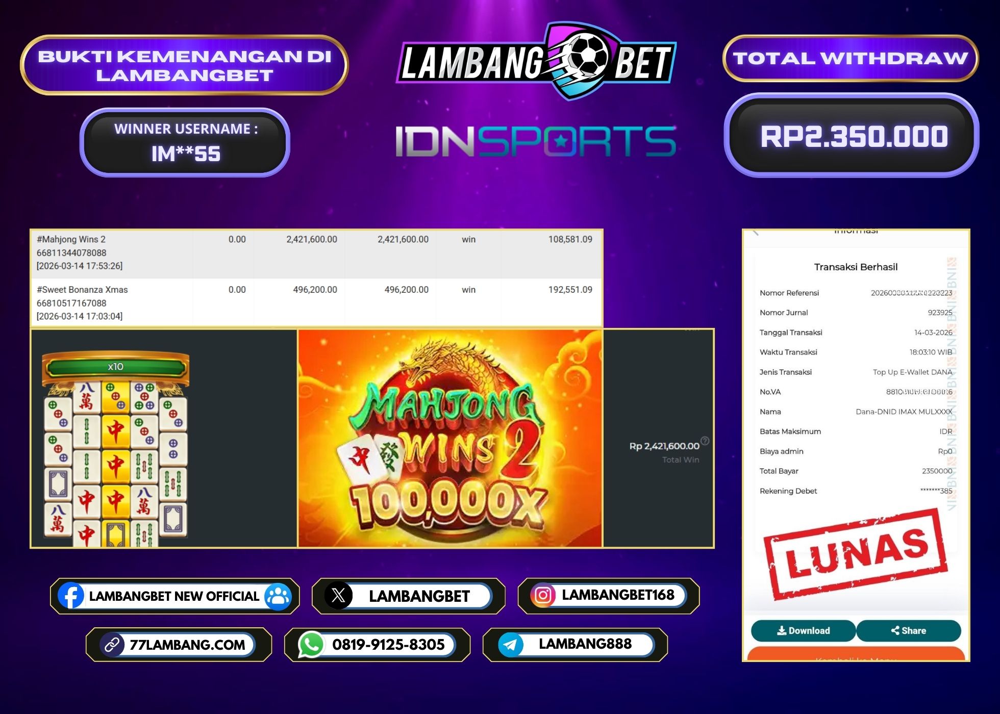LAMBANGBET [14 MARET 2026] JACKPOT SLOT Mahjong Wins 2 "Rp2.350.000" LUNAS